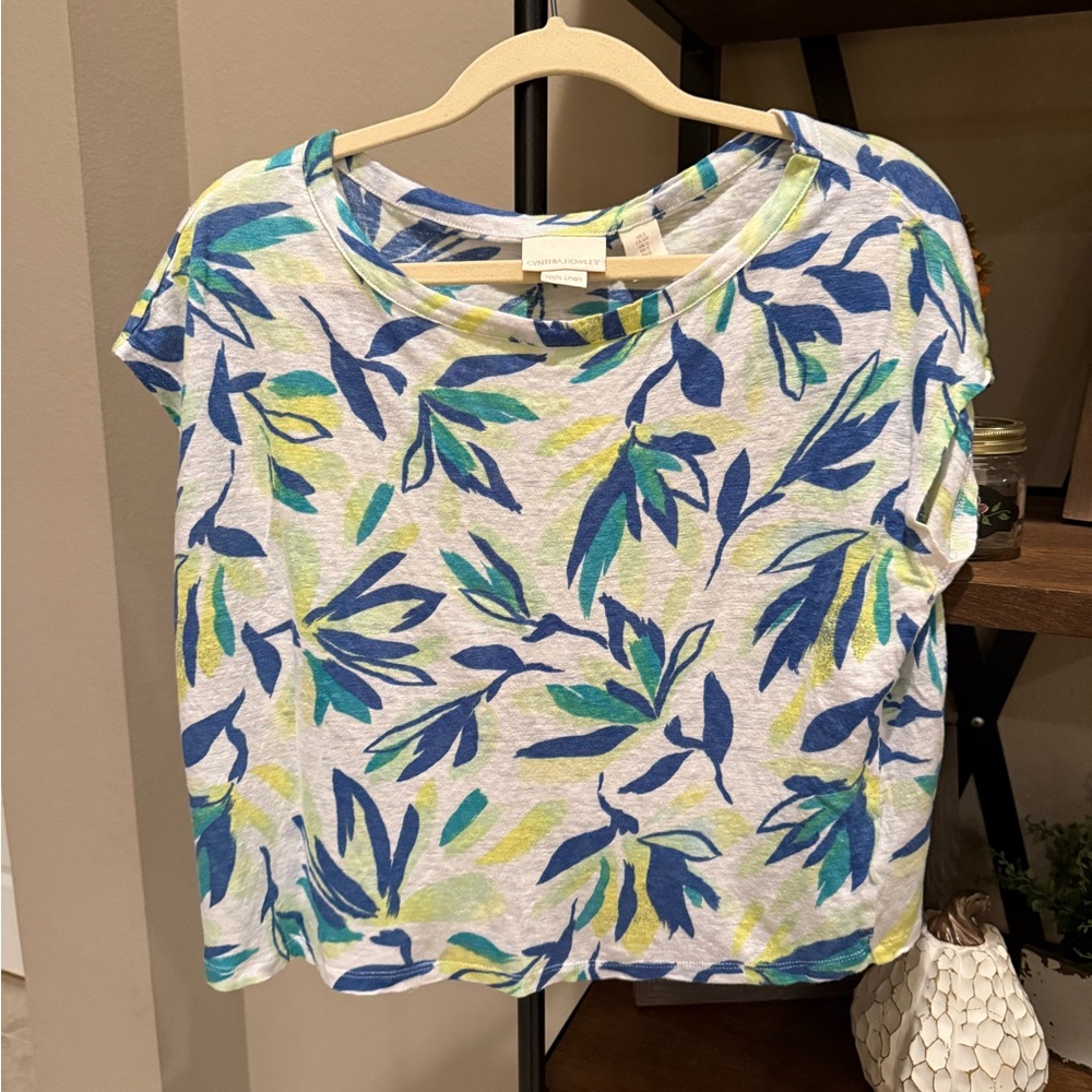 Cynthia Rowley Blue and Green Leaf Print Cropped Top